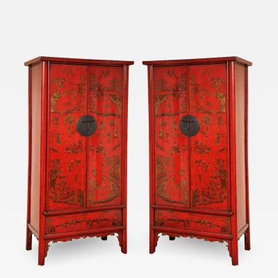 Pair of 19th C Decorated Red Lacquered Chinese Cabinets