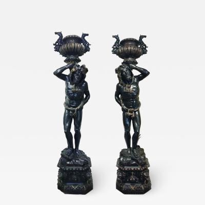 Pair of 19th C Italian Ebonized Polychrome Wood Blackamoor Figures