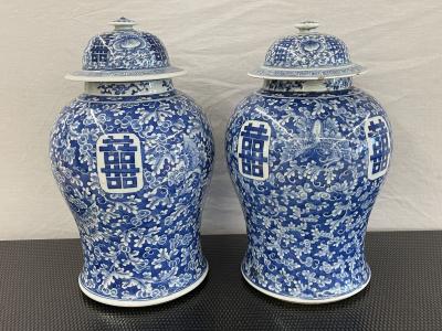 Pair of 19th Century Blue and White Lidded Temple Jars Urns