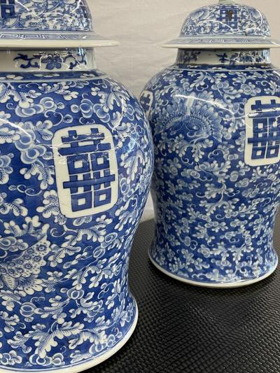 Pair of 19th Century Blue and White Lidded Temple Jars Urns