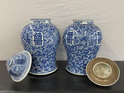 Pair of 19th Century Blue and White Lidded Temple Jars Urns