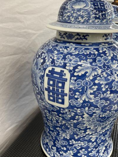 Pair of 19th Century Blue and White Lidded Temple Jars Urns