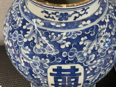 Pair of 19th Century Blue and White Lidded Temple Jars Urns