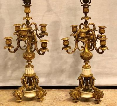 Pair of 19th Century Dor Bronze 7 Light Marble Base Candelabras Mounted as Lamp