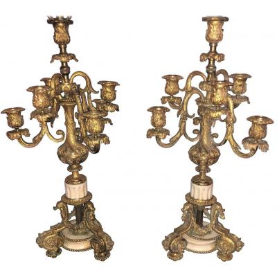 Pair of 19th Century Dor Bronze 7 Light Marble Base Candelabras Mounted as Lamp