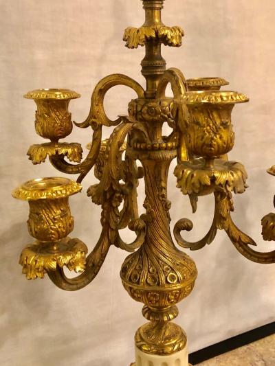 Pair of 19th Century Dor Bronze 7 Light Marble Base Candelabras Mounted as Lamp