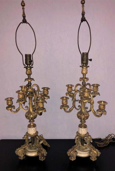 Pair of 19th Century Dor Bronze 7 Light Marble Base Candelabras Mounted as Lamp