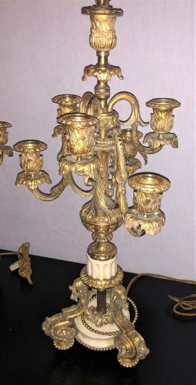Pair of 19th Century Dor Bronze 7 Light Marble Base Candelabras Mounted as Lamp