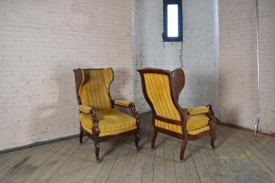 Pair of 19th Century French Empire Mahogany Wing Back Armchairs