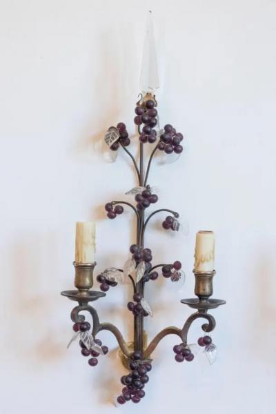 Pair of 19th Century French Grape and Crystal Wall Sconces