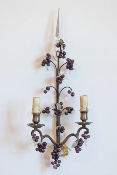Pair of 19th Century French Grape and Crystal Wall Sconces