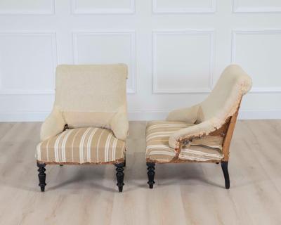 Pair of 19th Century French Scroll Back Chairs Ready to Upholster