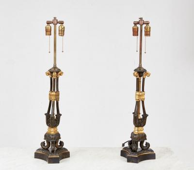 Pair of 19th Century Gilt and Patinated Bronze Lamps