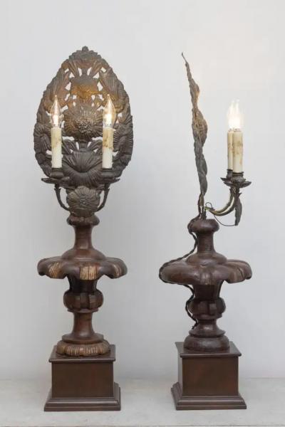 Pair of 19th Century Italian Carved Wood and Gilt Candlesticks with Floral Motif