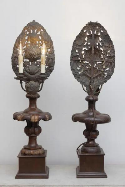 Pair of 19th Century Italian Carved Wood and Gilt Candlesticks with Floral Motif