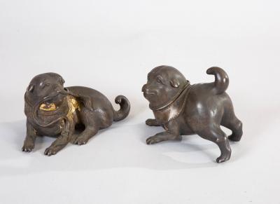 Pair of 19th Century Japanese Bronze Playful Puppies