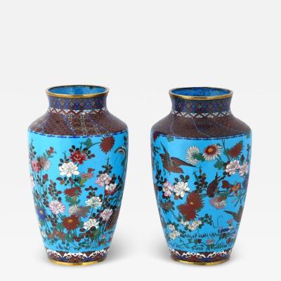 Pair of 19th Century Japanese Cloisonne Enamel Vases Birds in Blossoming Flowers