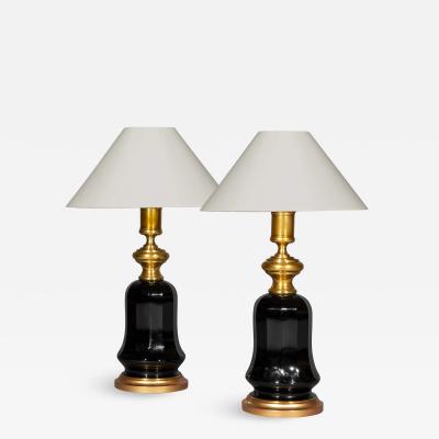 Pair of 19th Century Table Lamps in Black Glass and Lacquered Brass