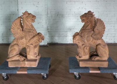 Pair of 19th Century Terra Cotta Winged Lions