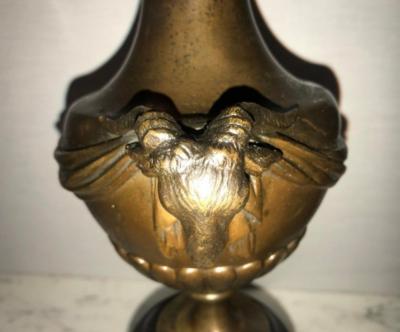 Pair of 19th Century Urns on Marble Stands Bearing Cherubs and Rams Heads