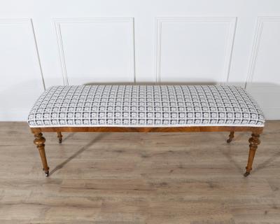 Pair of 19th Century Walnut Upholstered Benches with Turned Legs and Casters
