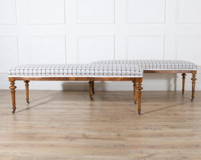 Pair of 19th Century Walnut Upholstered Benches with Turned Legs and Casters