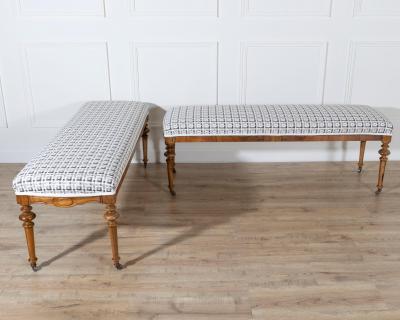 Pair of 19th Century Walnut Upholstered Benches with Turned Legs and Casters