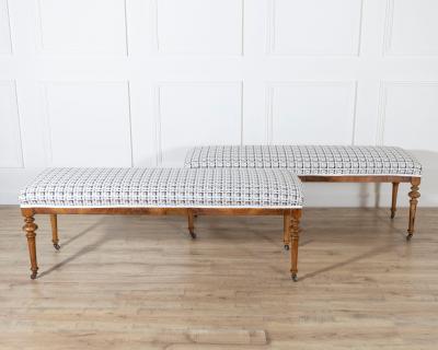 Pair of 19th Century Walnut Upholstered Benches with Turned Legs and Casters
