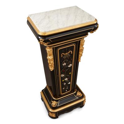 Pair of 19th century hardstone ormolu and ebonised wood pedestal cabinets