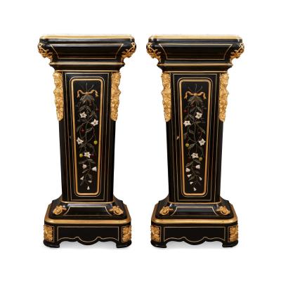 Pair of 19th century hardstone ormolu and ebonised wood pedestal cabinets