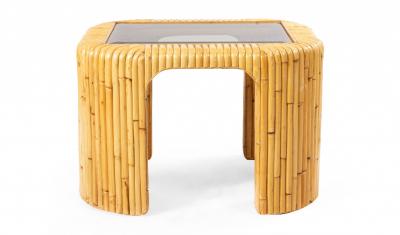 Pair of 2 Contemporary Rattan and Smoked Glass End Tables