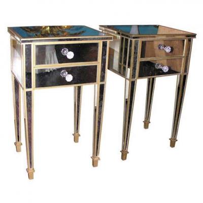 Pair of 2 Drawer Gold Trim Mirrored Nightstands