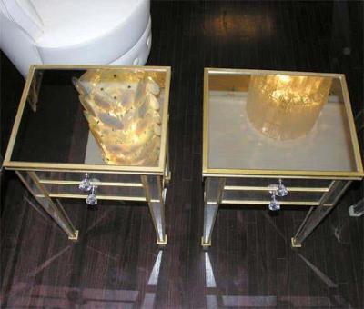 Pair of 2 Drawer Gold Trim Mirrored Nightstands