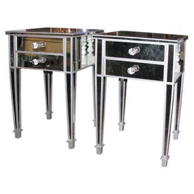 Pair of 2 Drawer Silver Trim Mirrored Nightstands