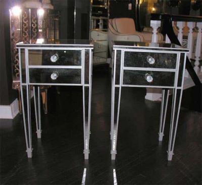 Pair of 2 Drawer Silver Trim Mirrored Nightstands