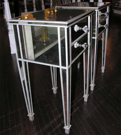 Pair of 2 Drawer Silver Trim Mirrored Nightstands