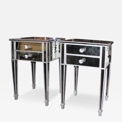 Pair of 2 Drawer Silver Trim Mirrored Nightstands