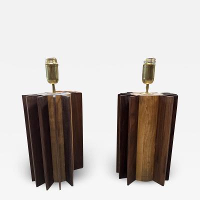 Pair of 2 Italian Mid Century Wood Table Lamps 1980s