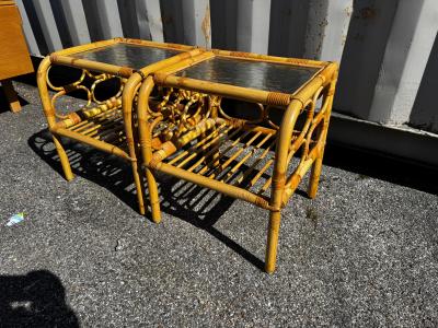 Pair of 2 Tier Tiki Boho Chic Waterfall Front Bamboo End Tables