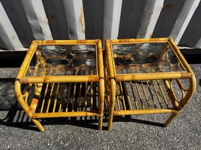 Pair of 2 Tier Tiki Boho Chic Waterfall Front Bamboo End Tables
