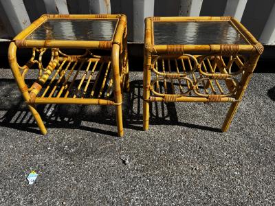 Pair of 2 Tier Tiki Boho Chic Waterfall Front Bamboo End Tables