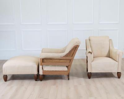 Pair of 20th Century Art Deco Club Chairs with Matching Stool To Upholster