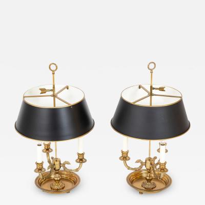 Pair of 20th Century Brass 3 Lite Bouillotte Lamps with Adjustable Tole Shades