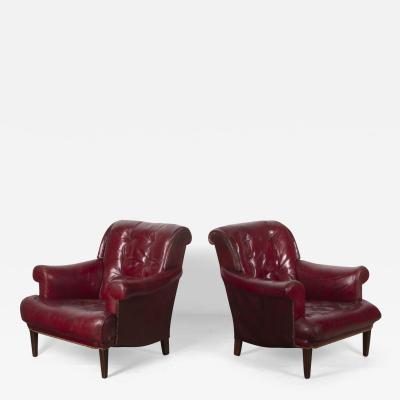 Pair of 20th Century Cherry Red Leather Armchairs