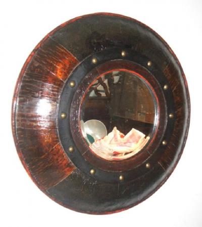 Pair of 20th Century Exotic Wood Hammered Brass and Leather Round Mirrors