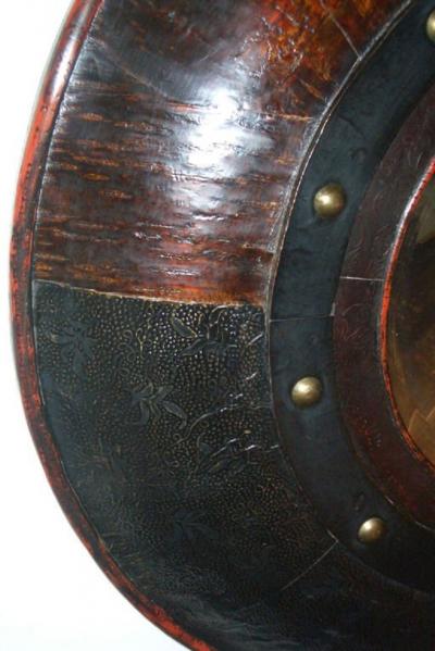 Pair of 20th Century Exotic Wood Hammered Brass and Leather Round Mirrors