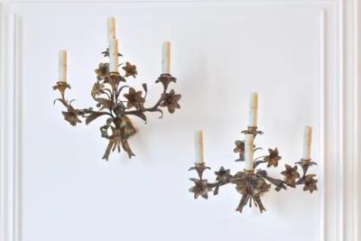 Pair of 20th Century French Gilt T le Floral Sconces