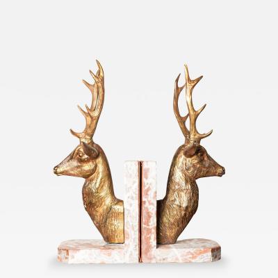 Pair of 20th Century French Stag Bookends in Gilded Metal and Marble