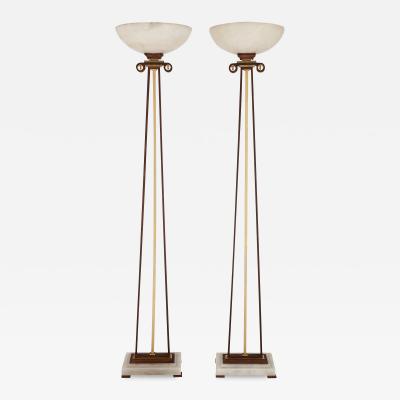 Pair of 20th century alabaster gilt metal and iron floor lamps