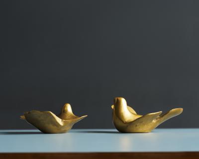 Pair of Abstract Minimalist Cast Bronze Bird Sculptures Greece c 1960